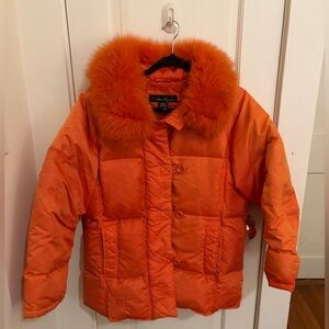 1 Madison Bright Orange Puffer Coat with Faux Fur Collar
